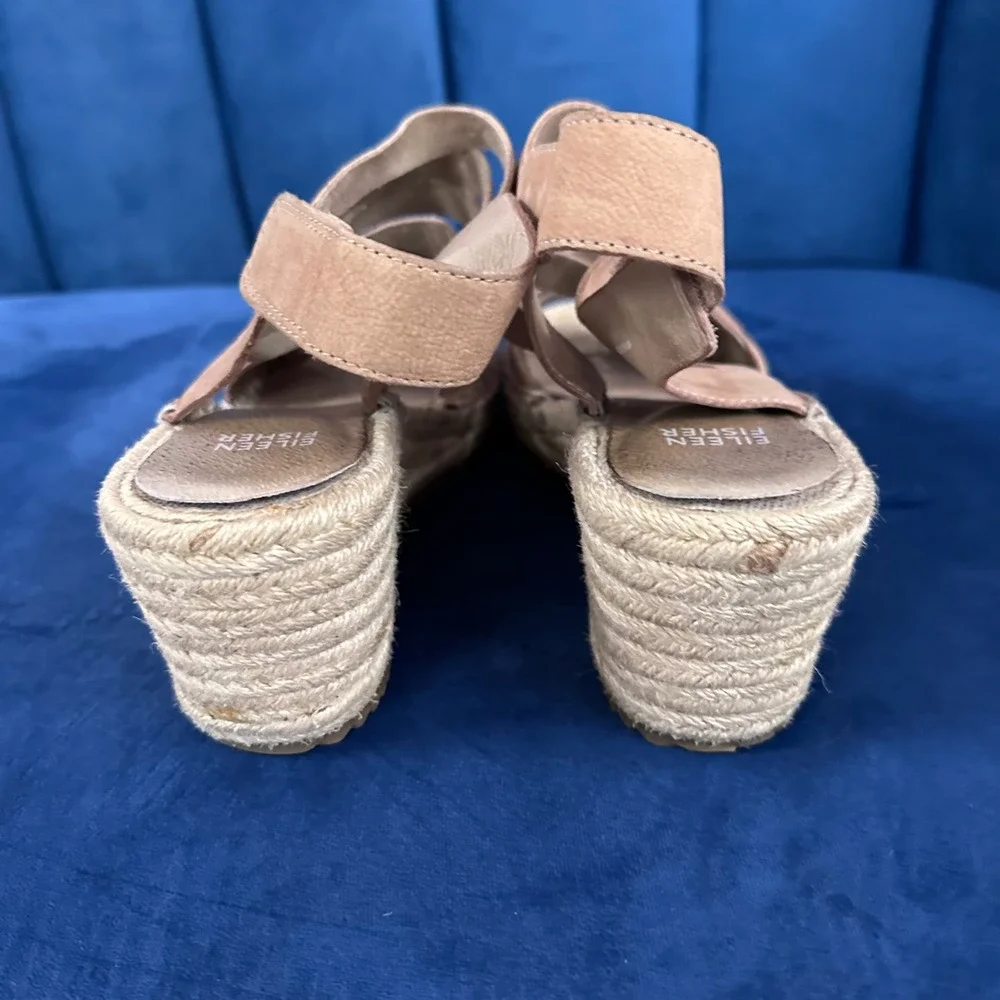 Eileen Fisher Espadrille Wedge Sandals tan Strappy Ankle Strap Size 9 platform